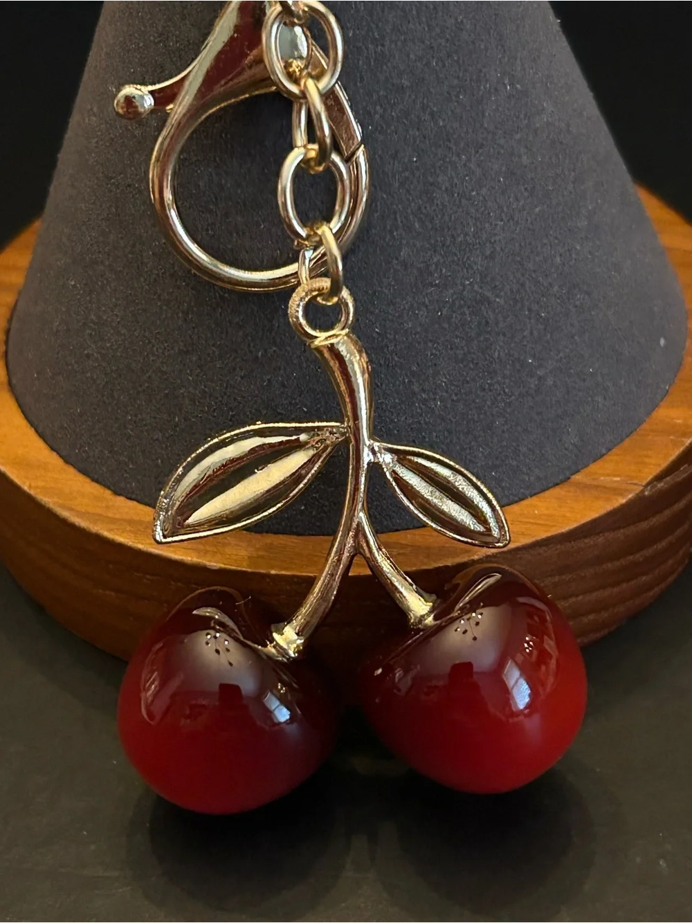 Gold-Tone Cherry 🍒 Bag Charm Keychain with Red Cherries and Green Leaves NWT